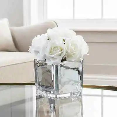 White Roses In Mirror Cube Artificial Plant Hallway Bedroom Gift (Home Decor) • £11.99