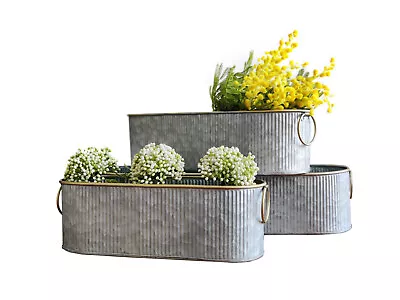 DIPAMKAR Set Of 3 Long Oval Galvanised Garden Trough Planter Windowsill Herb Pot • £27.99