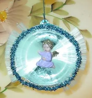 Vintage ANGEL Hair Wings Plastic Diorama Mirror Christmas Blue Ornament - Tinsel • $18.99