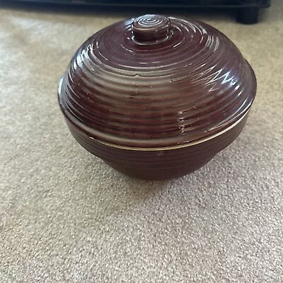 Vintage Monmouth Pottery Ribbed Beehive Brown Bowl With Lid 9” • $16.60