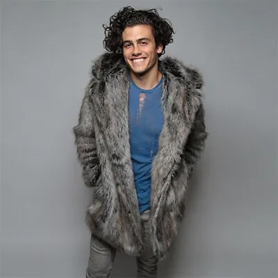 Mens Faux Mink Fur Gray Hooded Fashion Parka Lined Coat Jacket Furry Winter Warm • $65.51