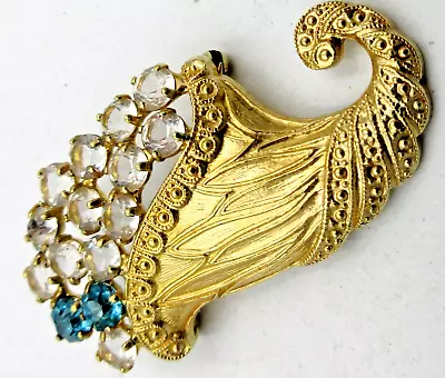 Vtg B DAVID CORNUCOPIA FLORAL Brooch Pin Blue Clear RHINESTONE Brushed Gold Tone • $20.99