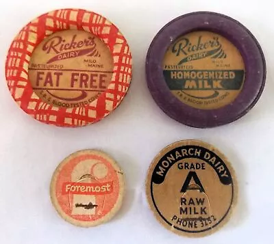 4 Vintage Milk Bottle Caps Lids Monarch Dairy Foremost Ricker's Dairy Milo Maine • $8.99