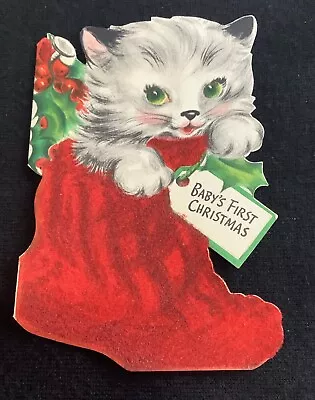 Vintage Christmas Greeting Card Cat Kitten Flocked Stocking Baby’s 1st Die Cut • $2.90