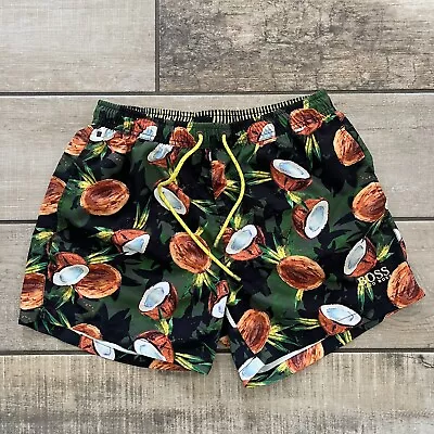 Hugo Boss Mens Swim Green Threadfin Coconut 5  Trunk Micro Shorts Tropical L • $30