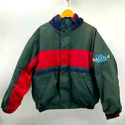 VINTAGE 90s NAUTICA JACKET MENS SIZE XL REVERSIBLE FULL ZIP HOODIE RED NAVY BLUE • $49.99