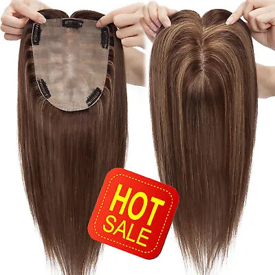 HOT 100% Remy Human Hair Women Topper Clip In Hairpiece Silk Base Top Toupee Wig • £56.15