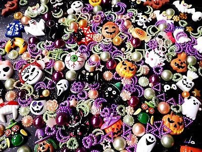 115pcs Halloween Cabochons Kawaii Pearl Shapes Ghosts Hearts Bows Witches Mix XL • £8.99