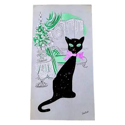 Vintage BLACK CAT Christmas Card MID-CENTURY Rosalind Welch MCM Kitty Flocked • $26