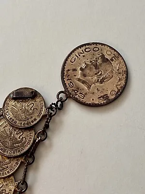 Vtg MEXICAN COIN BRACELET Large Cinco Coin 1943 Mexico 20 Small Cent Coins 1943 • $15