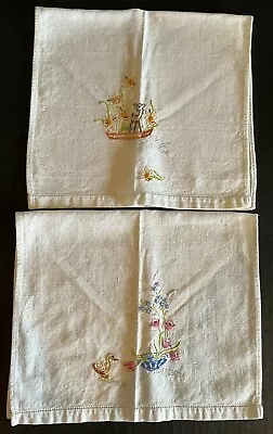 Vintage 2 Hand Made Embroidered Tea Towels Duck Deer Daffodils Tulips • $12.97