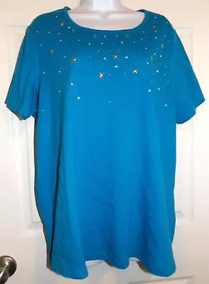 Cute Turquoise QUACKER FACTORY Short Sleeve Top W/Rhinestone & Star Trim - 1X • $9.99