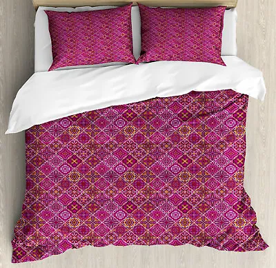 Moroccan Duvet Cover Set With Pillow Shams Ancient Checkered Pink Print • $99.99