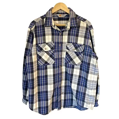 Vintage Carhartt Shirt Blue/White Plaid Men's Size L  Heavy Cotton Flannel • $24.99