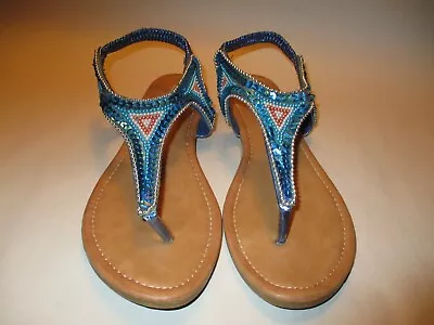 Cape Robbin Women 9 Blue SequinMulticolor Beaded T-Strap Slingback Flat Sandals • $8.98