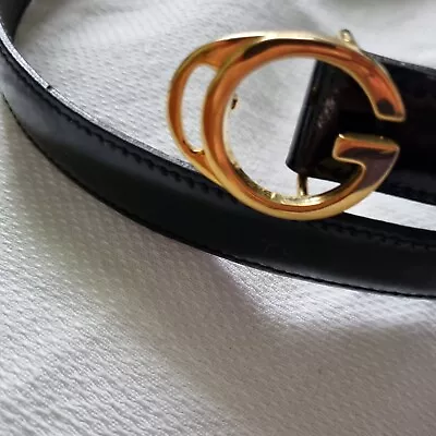 Gucci Vintage Black SHINY Leather Belt Gold Tone Gucci Logo Hardware Small RARE • $225