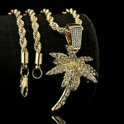$12.99 • Buy 14k Gold Plated West Coast Palm Tree Pendant Iced Cubic-Zirconia 24  Rope Chain