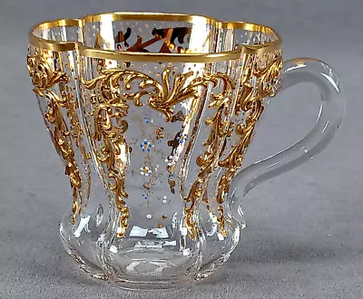 Moser AGS Monogram Enameled Floral & Raised Gold Scrollwork Clear Lobed Cup • $295