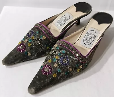 EMMA HOPE Grey Velvet Embroidered & Sequinned Kitten Heel Shoes & Bag Size 6.5 • £199.99