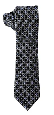 IKE BEHAR Mens Silk Necktie Blue Silver Geometric Floral Circle Made In USA XL • $26.10