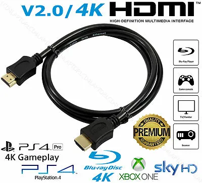 £3.29 • Buy 1m/1.5m/2m/3m/5m/10m/15m HDMI Cable Lead HD Ethernet 4K/3D/PS4/Xbox Premium V2