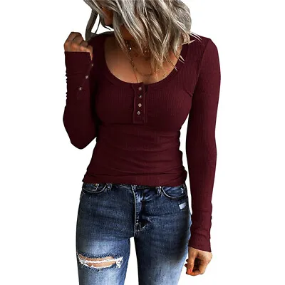 UK Ladies Long Sleeve Slim Tops Blouse Holiday Fit Casual Stretchy T-shirt Tee • £11.19