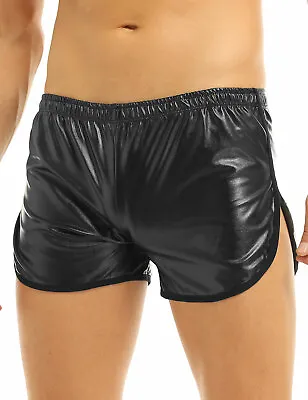Mens Faux Leather Hot Pants Side Split Sport Shorts Swim Trunks With Pocket Club • £7.19