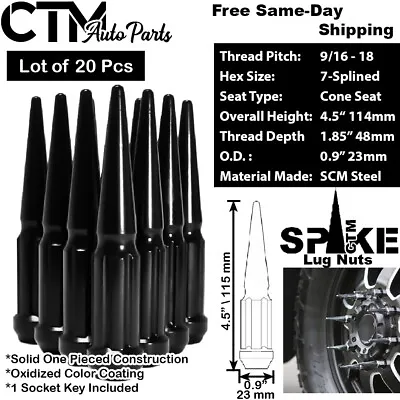 20Pc 4.5  TALL BLACK 9/16-18 SPIKE LUG NUT+KEY FIT DAKOTA DURANGO RAM1500&MORE • $41.39