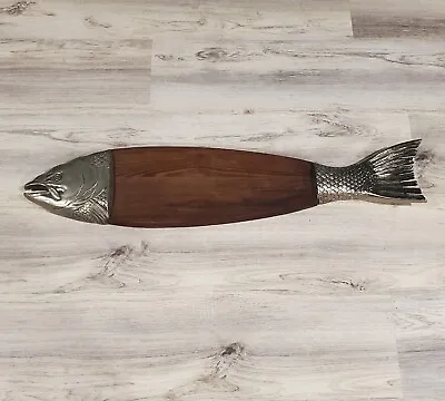 Vintage Wood & Metal 34  Salmon Fish Caviar Serving Cutting 26   Board Tray • $175