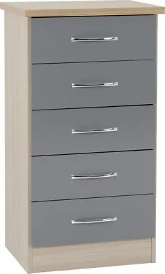 Nevada 5 Drawer Narrow Chest In Grey Gloss And Light Oak Effect Veneer • £99.99