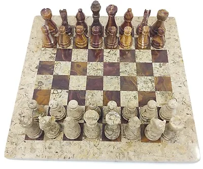 JT Handmade Fossil Coral And Dark Brown / Red Marble Chess Game Set – 12 Inch • $89.99
