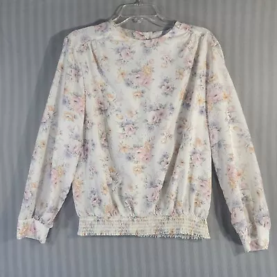 Vintage Womens Top Multicolor Floral Long Sleeve Smocked Hem Union Made Granny • $19.99