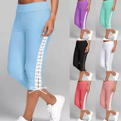 Womens Lace Up Cropped Pants Joggers Running Trousers Yoga Gym Bottoms Leggings • £9.69
