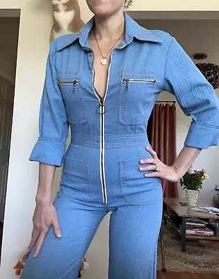 Vintage 70s HRL Jumpsuit Blue Long Sleeve Disco Woman's S • $115