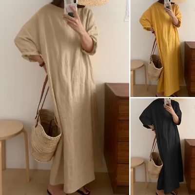 $31.90 • Buy Womens Long Sleeve Cotton Linen Plain Maxi Dress Oversized Casual Pyjamas Dress