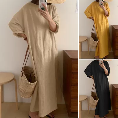$31.90 • Buy Womens Long Sleeve Cotton Linen Plain Maxi Dress Oversized Casual Pyjamas Dress