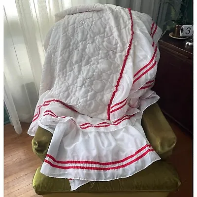 Vintage 80s Ruffled Bedspread White And Red Ruffled Satin Twin Size Bedding • $85