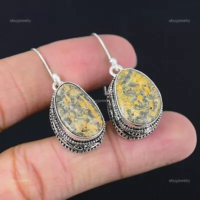 Natural Bumble Bee Jasper Gemstone Drop/Dangle Vintage Earrings 925 Silver • $19.20