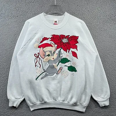 Vintage Christmas Sweater Adult XL White Mouse Poinsetta Crewneck Sweatshirt 90s • $9.99