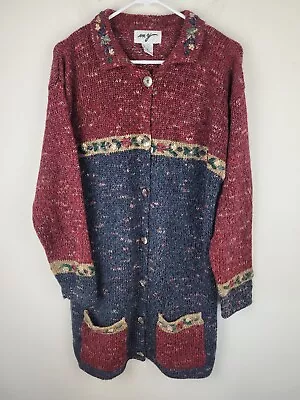 Vintage Long Cardigan Womens M Wool Blend Embroidered Flowers Buttons Grandma • $27.99