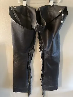 Fringed Black Leather Western Equestrian Chaps. Unbranded YKK Zippers. • $70