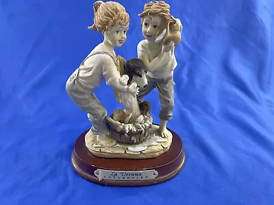 La Verona Collection Boy & Girl Washing Dog In A Tub Wood Base Exc • $15