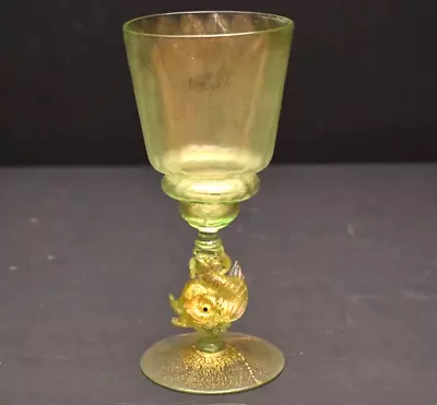 VTG Venetian Murano Italy Salviati Gold Wine Art Glass Goblet Fish Dolphin 7  • $137.61