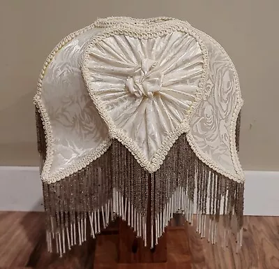 Vintage Fabric Lampshade Victorian Glass Bead Fringe Cream Dale Tiffany Style • $74.99