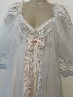 Tosca Lingerie Sz L Peignoir Robe & Nightgown White Long Bridal Sheer Lace • £72.39