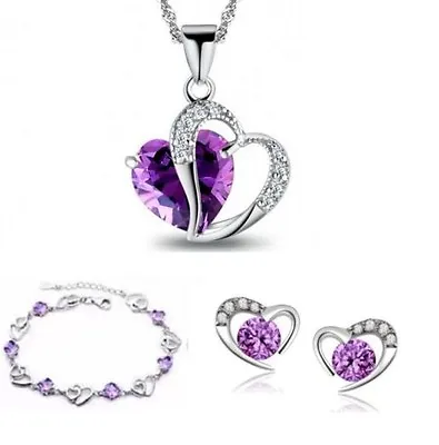 Sterling Silver Heart Amethyst Necklace Bracelet Stud Earring Jewelry Set Gift • $25.95