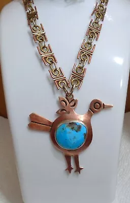 20  Vintage Large Copper Silver & Turquoise Bird Pendant Necklace Brazil 56.9 Gm • $37.46