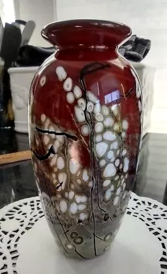 Iridescent Millefiori Art Glass Vase Cranberry Gold With Black 6 1/2  • $28