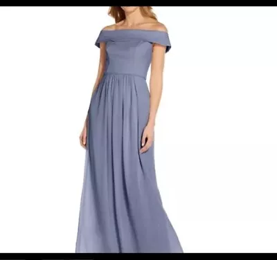 Adrianna Papell Off-The-Shoulder Chiffon Gown Dress Dusty Blue Size 12 • $35