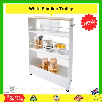 White Slimline Trolley Kitchen Storage Trolley Island With Wheels Particle Board • $44.99